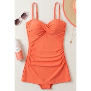 Ruched Twist-Front One-Piece Swimsuit in Coral Orange size 12 A.C.T.